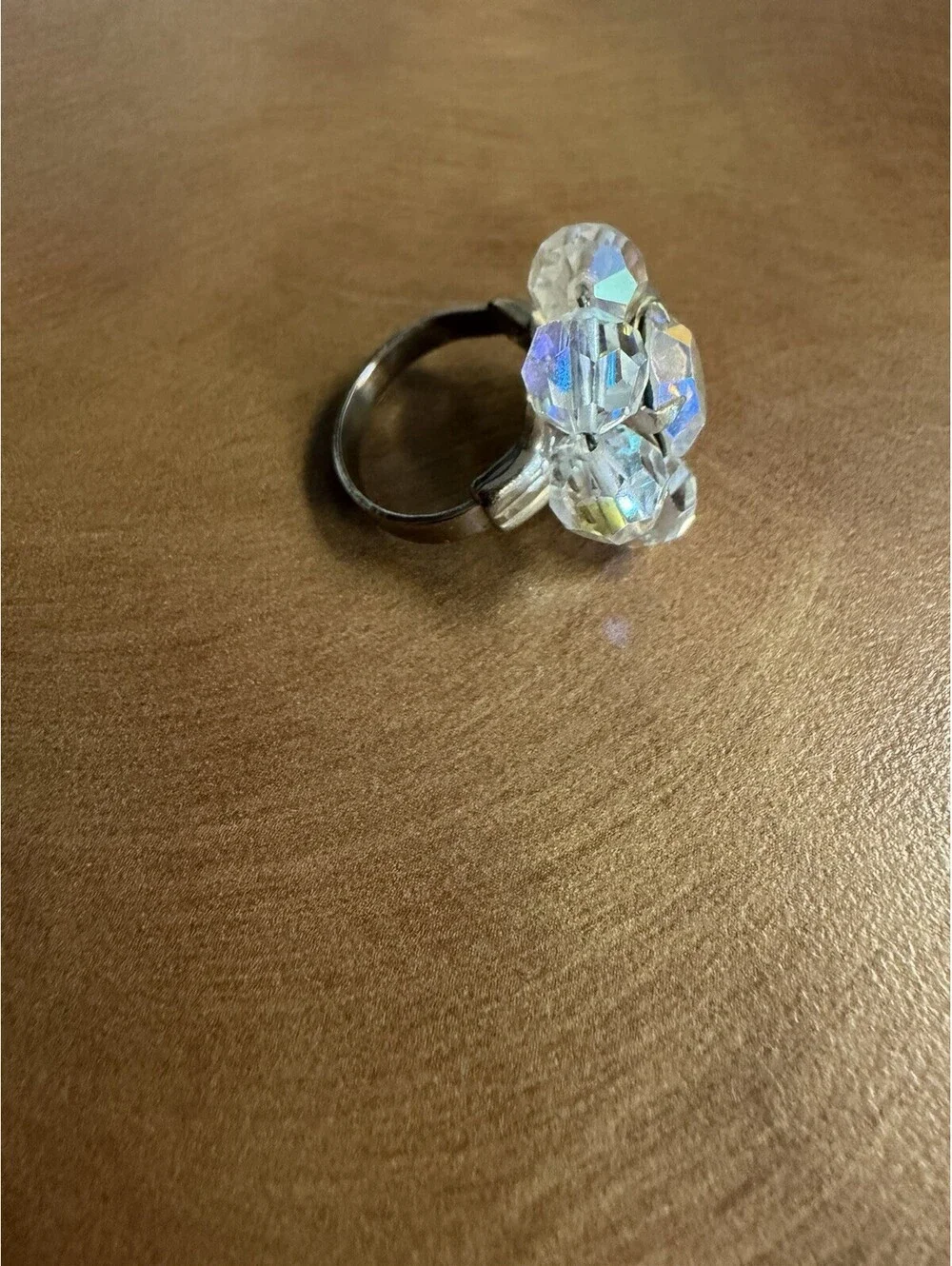 Clear Crystal Flower Cluster Cocktail Ring Silvertone Metal Ring adjustable size
